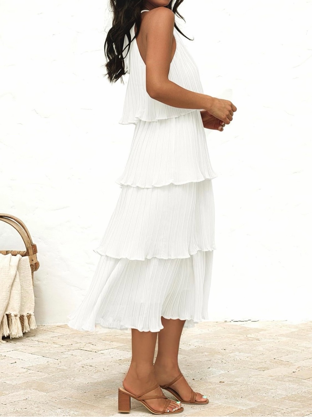 Ruffle Pleated Tiered Layered Chiffon Flowy Swing Long Midi Dress in White - Picture 12 of 15